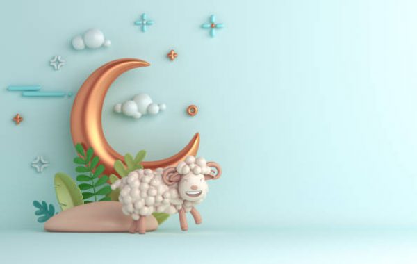 Eid al adha islamic decoration background with goat sheep crescent, ramadan kareem, mawlid, iftar, isra miraj, eid al fitr, muharram, copy space text area, 3D illustration.